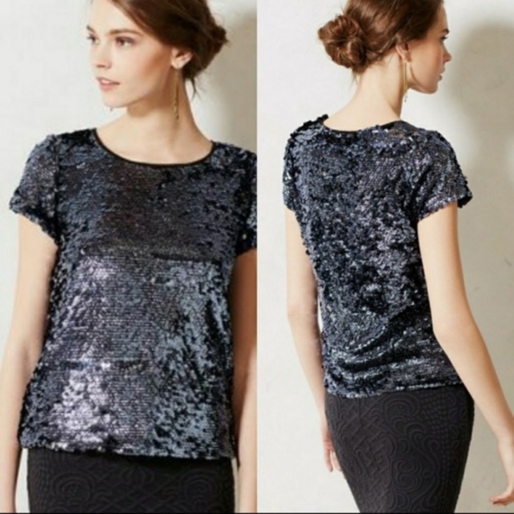 Anthropologie Leifsdottir Sequin Blue Top Short Sleeve Top Women’s Sz Small